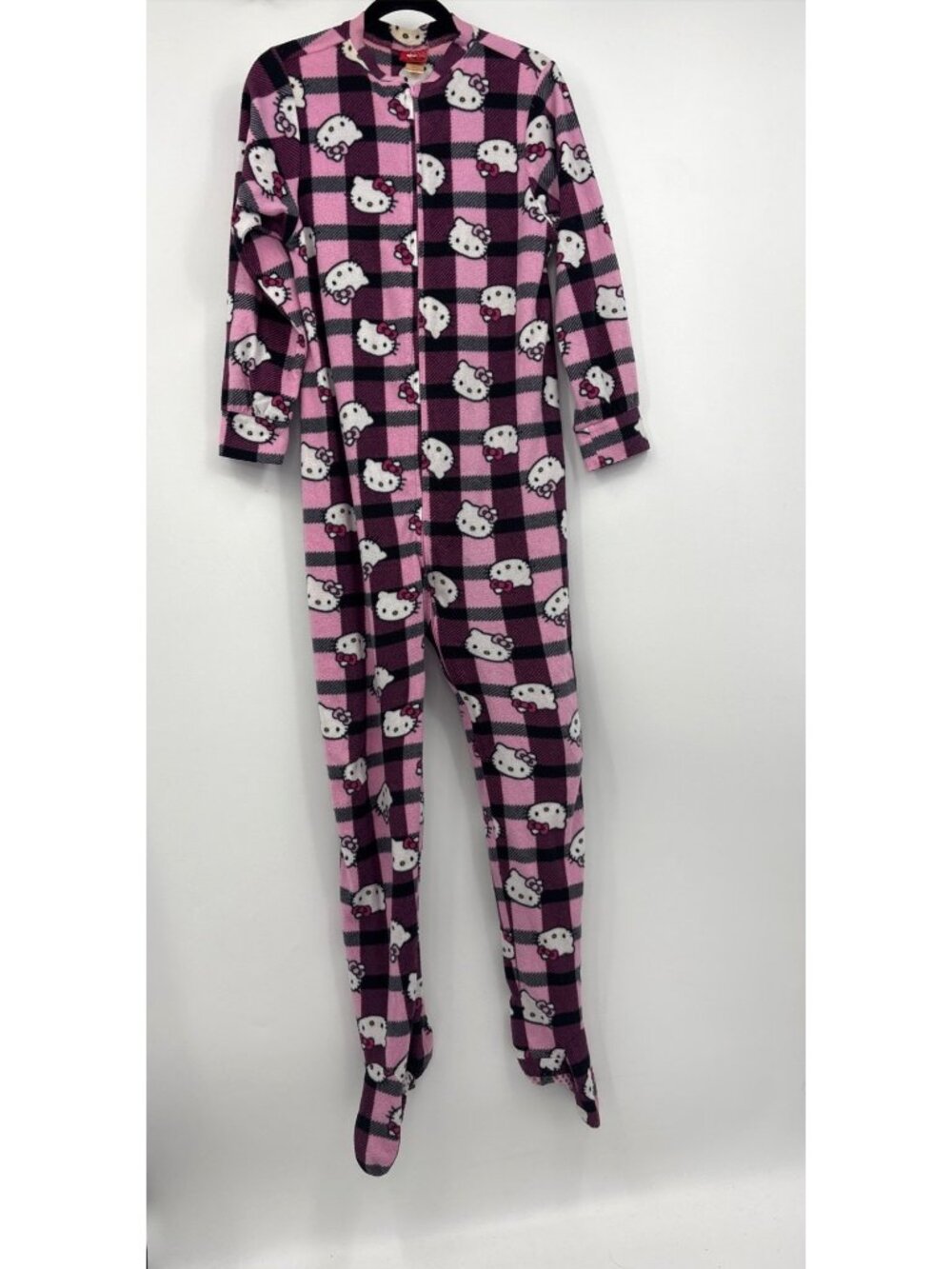 Sanrio Hello Kitty Fleece One Piece Zip Footed Pajama Pink Black Medium